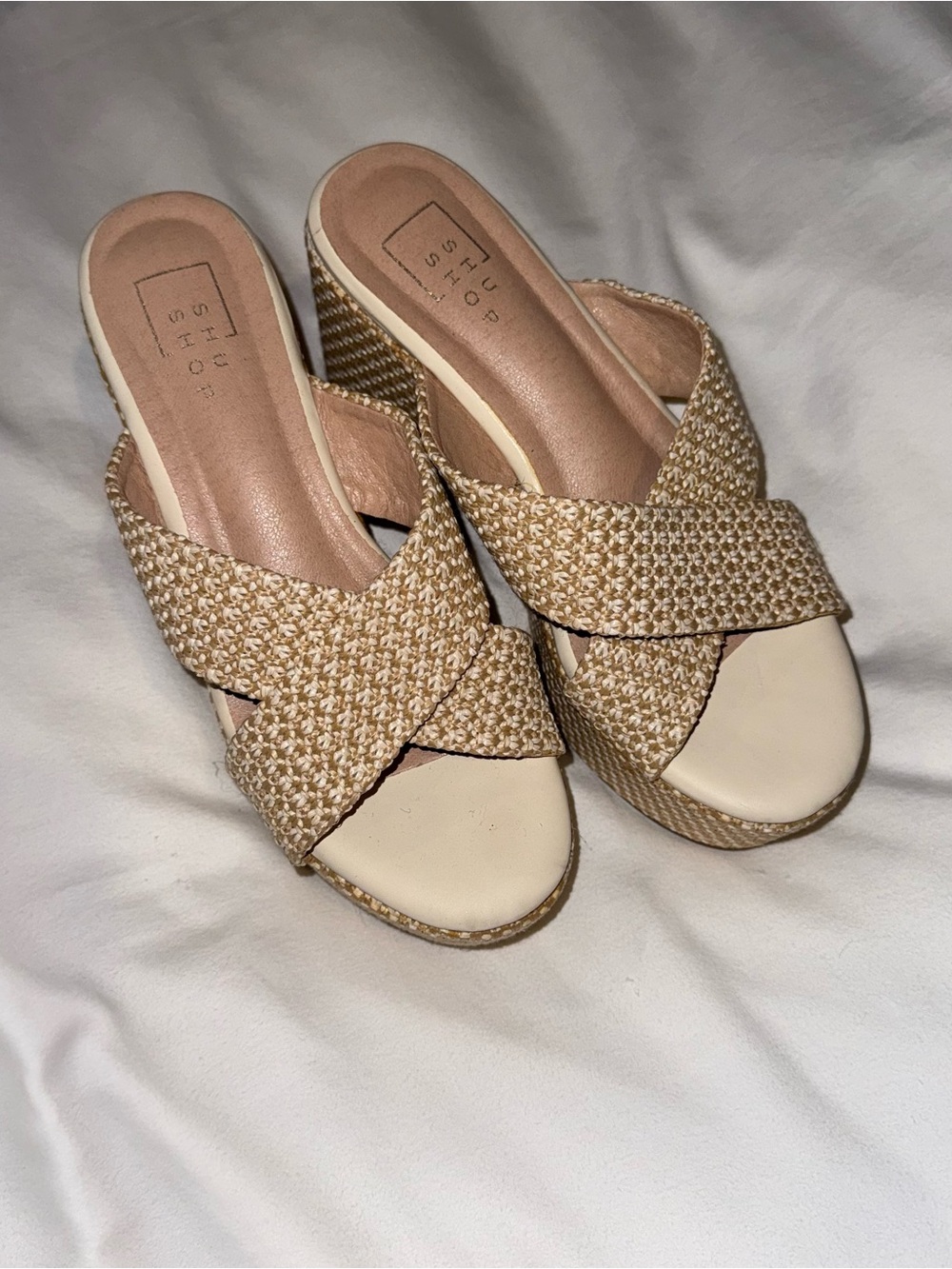 Tan Woven Platform Slide Sandals. Size 7.5. Worn Once.